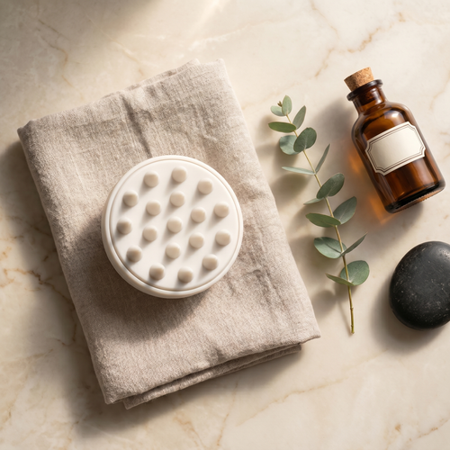 Flat lay with linen, scalp oil, eucalyptus
