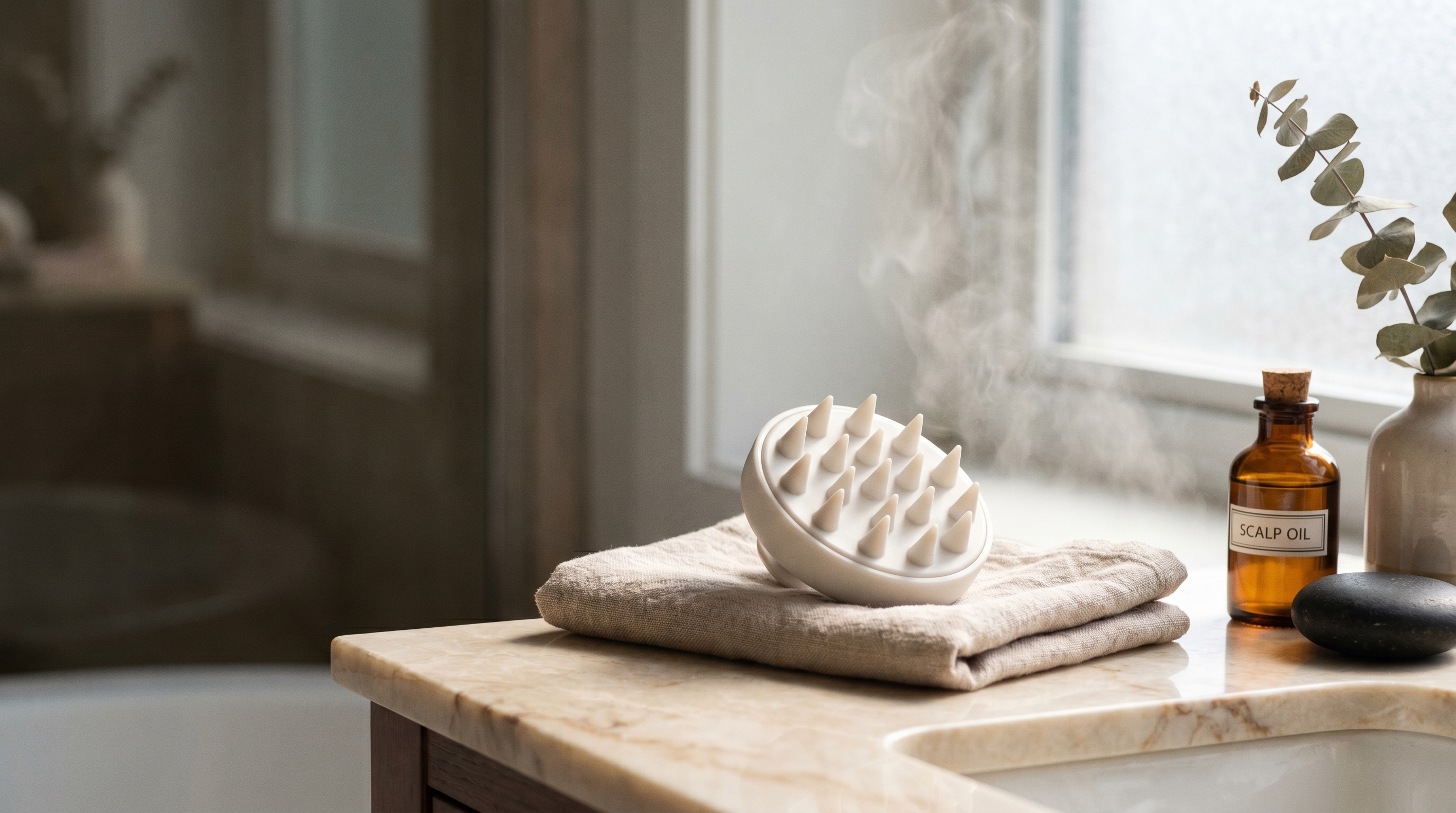 Veyune scalp massager on warm bathroom marble counter