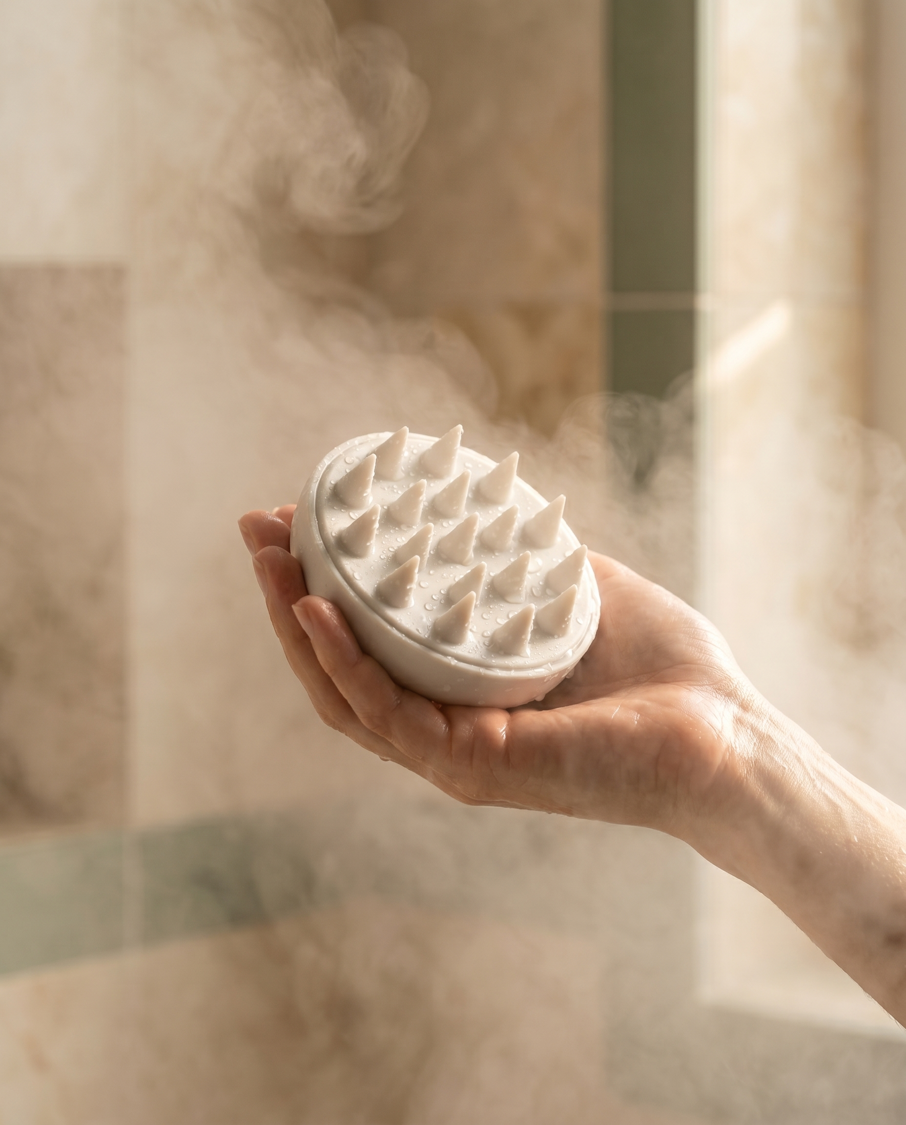 Hand holding the massager in soft shower steam