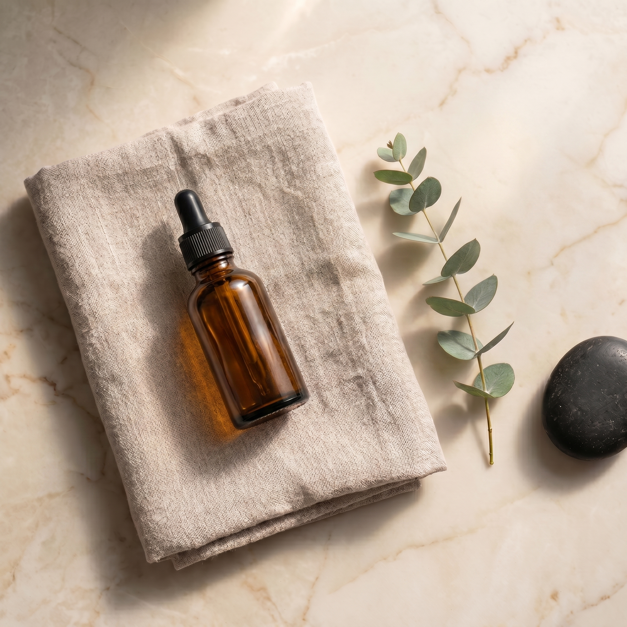Flat lay with linen, eucalyptus, and stone